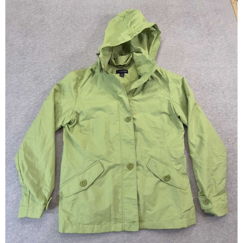 Lands' End Girls Small 6-8 Rain Jacket Lime Green Hooded Waterproof Windbreaker